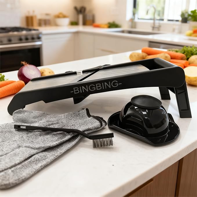 -BINGBING- Mandoline Slicer for Kitchen, 7-in-1 Adjustable Vegetable Slicer | Stainless Steel Food slicer, Adjustable Blade, Slices, Julienne, Waffle and French Fries Cut, Includes Gloves and Brush