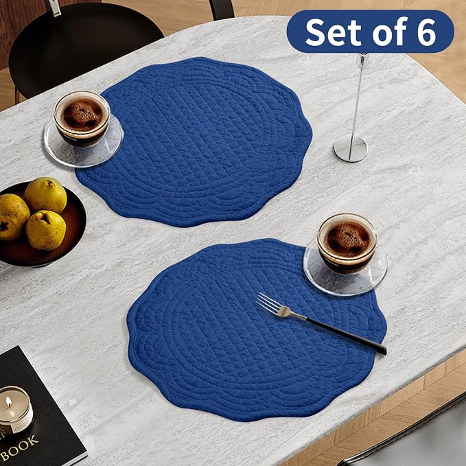 6 PC Quilted Placemats, 14" Extra Large Cotton Placemats Set of 6, 100% Cotton Fabric Washable Cloth Table Mats for Kitchen & Dining Table - Soft &Easy Clean(Sapphire Blue, Round)