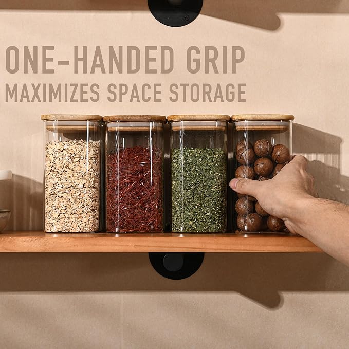 D2scrma 37oz Rectangle Airtight Glass Storage Containers with Bamboo Lids (Set of 4), Square Food Storage Jar, Pantry Organizers for Cereal, Nuts, Snacks and Coffee beans (‎with Black Lable)