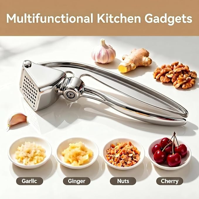 Garlic Press, Zinc Alloy Garlic Ginger Crusher & Mincer Tool Heavy Duty Garlic Mincer & Grinder with Large Chamber Multiple Studs Dishwasher Safe Ergonomic Handle Easy Squeeze Kitchen Essential