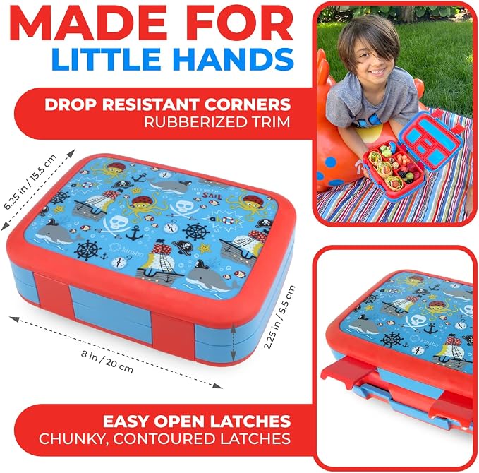 kinsho Bento Lunch Box Container for Kids, Boys Age 3 to 5, Blue Pirates | 5 Portion Sections, BPA-Free Spill-Proof Leakproof Removable Plastic Tray, Snacks and Lunches for Toddlers Pre-School Daycare