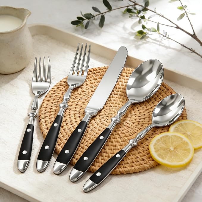 20pcs Black Silverware Set Service for 4,Vintage Flatware Set with Black Bakelite Handle, Stainless Steel Cutlery Set,Dishwasher Safe