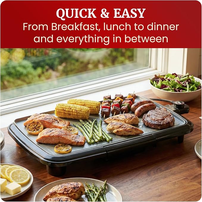 Elite Gourmet Electric Griddle, Ceralast Non-Stick, 10"x20" Black/Grey | PFAS-Free Ceramic, Cool-Touch Handles, Removable/Adjustable Thermostat, Easy-Clean Grease Tray, Great for Pancakes