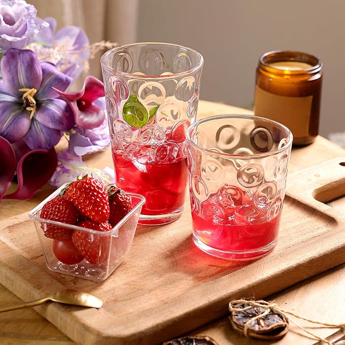 Moretoes Circle Drinking Glasses Set of 12,Clear Water Glass Cups | Mixed Glassware Set,16 Oz Highball Tumblers &12 Oz Rock Whiskey for Cocktail, Whisky and Other Beverages