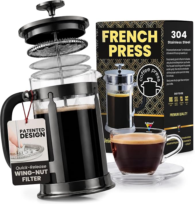 EzDtach French Press Coffee Maker 34oz Grey – Borosilicate Glass Pot | 304 Grade Stainless Steel French Press, Double Filter and 2 Extra Screens for Rich, Full-Bodied Flavor at Home or Office