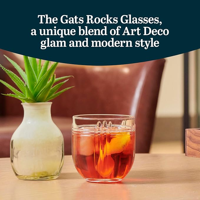 Libbey The Gats Rocks Glasses Set, Art Deco Inspired Short Drinking Glasses Set of 4, Classy Retro Cocktail Drinking Glasses for Parties and Events