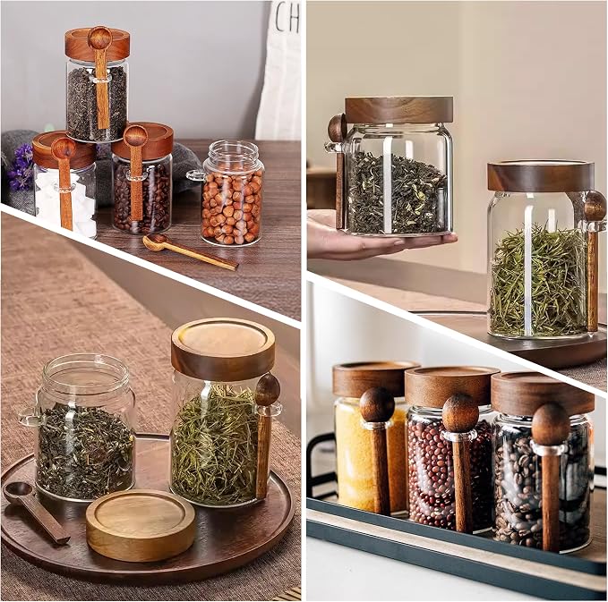 28 oz/850 ml Glass Storage Canister with Airtight Wooden Lid, Clear Small Decorative Container Jar with Spoon for Salad Overnight Oats Snacks Yogurt Cereal Fruit Spice Sugar Coffee - 4 Pack