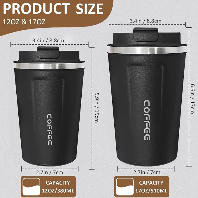 4 Pack Travel Coffee Mug 17oz Insulated Coffee Cup with Lid, Reusable Thermal Coffee Cup Stainless Steel Coffee Tumbler to Keep Hot & Cold Drinks for Car, Daily, Travel and Gifts, Black