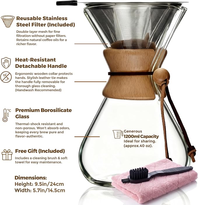 AGOGO Pour Over Coffee Maker Set, 40oz Classic Style, 304 Stainless Filter | Barista kit for home kitchen, Cafe, Camping & Office; 20oz-40oz Classic, Slim, Diamond styles; Includes brush & towel.