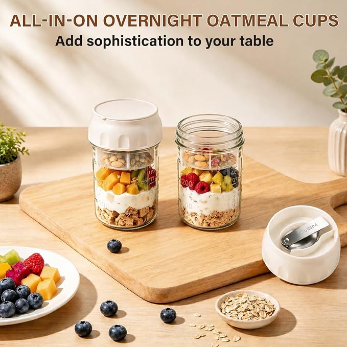 2 Pack Overnight Oats Containers with Lids & Foldable Spoon, 16oz Glass Oatmeal Jars with Divided Compartment, Portable Meal Prep Yogurt Parfait Cups for Breakfast