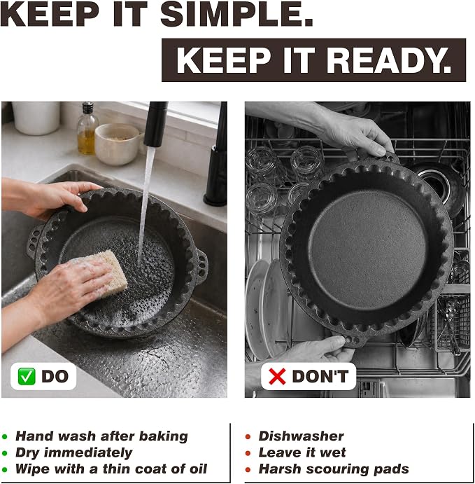 Cast Iron Pie Pan | Pre-Seasoned Round Baking & Serving Dish | 9" | Pan for Apple, Pumpkin & Cherry Pies, Quiche & Tarts | For Baking & Serving | Silicone Trivet Included | 9", 2" Deep