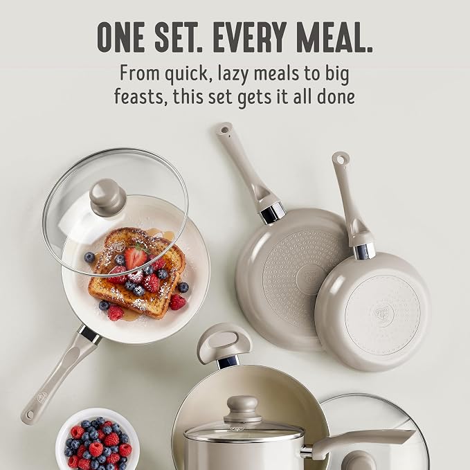 GreenLife 16pc Ceramic Nonstick Pots & Pans Cookware Set, Beige Taupe | PFAS-Free Nonstick Coating, Stockpot, Frying Pans, Saucepan, Sauté, Induction Ready, All Stovetop Compatible, Dishwasher Safe