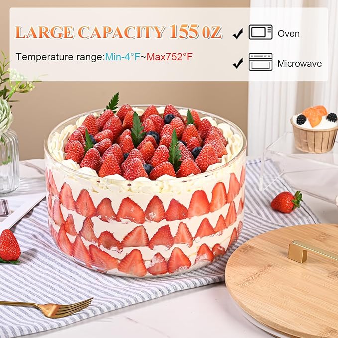 LOVYANXUE 155 oz Glass Trifle Bowl with Lid, 9 inch Large Salad Bowl, Versatile Mixing and Serving Dish for Fruit, salad, Cake, Cupcake, Baking, and Dessert, Airtight & Leakproof, Oven, Microwave Safe