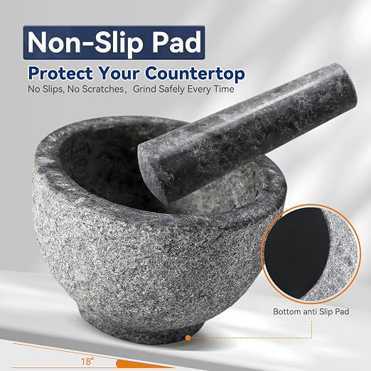 African Natural Granite Mortar and Pestle Set, Grinder Bowl for Guacamole, Salsa, Pill Crusher, Spice, Herb, Garlic, Nut, Heavy Duty Grinder for Kitchen (Sandblasted Finish)