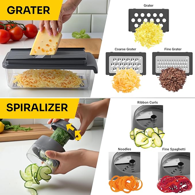 UltraChop All-In-1 Vegetable Chopper, Blue | 12 Blade Heavy Duty, Food Chopper Container, Spiralizer, Mandoline Slicer Onion Mincer, French Fry And Salad Cutter