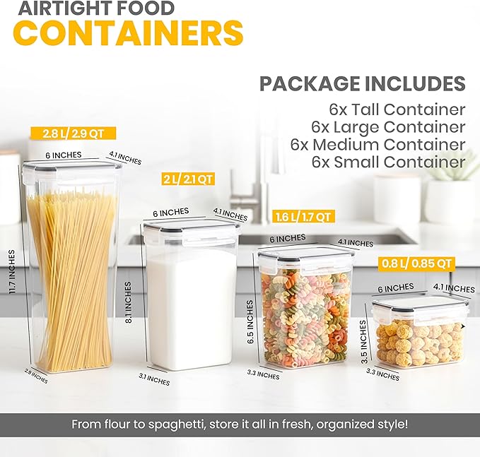 KICHLY Plastic Airtight Food Storage Containers Sets with Lids, 24 Pack | BPA-Free Kitchen Pantry Organizers and Storage for Cereal, Flour, Sugar & Dry Food