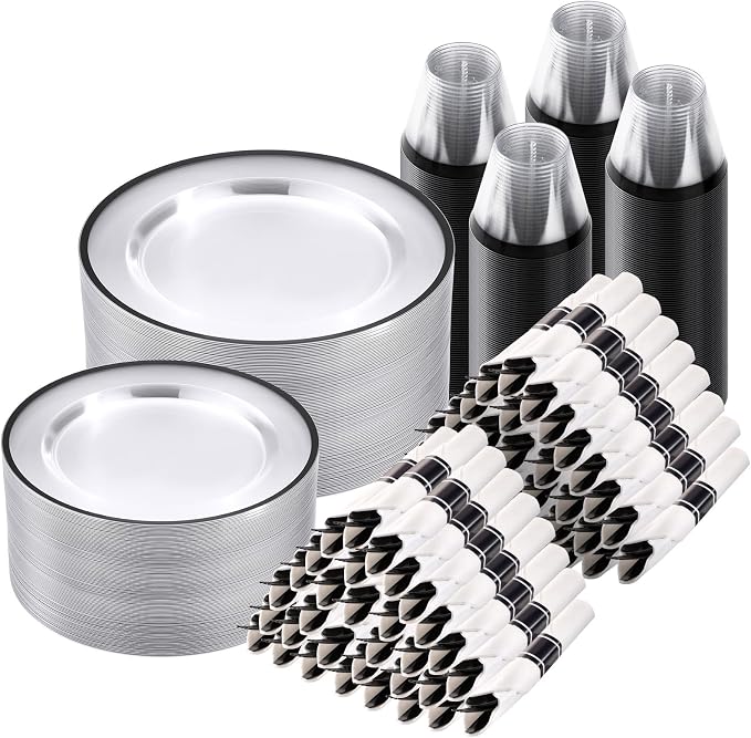 700 Pcs Clear Plastic Plates with Black Rim, Plastic Dinnerware | Disposable Plates for 100, Includes 200 Plates, 100 Pre Rolled Napkins with Cutlery Sets, 100 Cups, for Graduation Party
