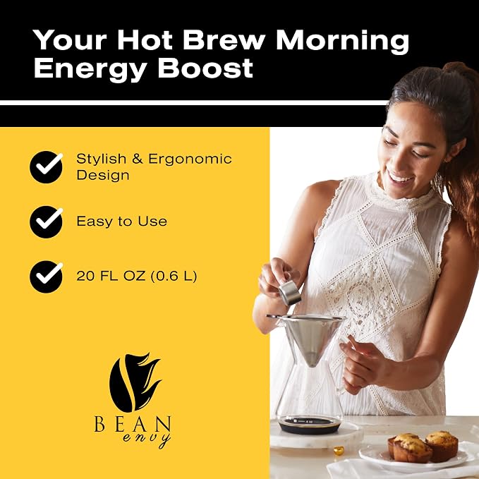 Bean Envy Pour Over Coffee Maker - Glass Dripper with Steel Filter 20 Oz | Dishwasher Safe, Borosilicate Carafe, Reusable Stainless Mesh, Non-Toxic, Silicone Base, Manual Drip Brewer