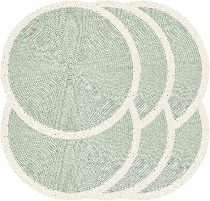Round Placemats Set of 6, Woven Table Mats, Mint Green | Braided Paper Edge, 15 Inch Diameter, Fits Dinner Plate and Flatware, Wipeable, Heat Resistant, Indoor Dining, Outdoor Patio