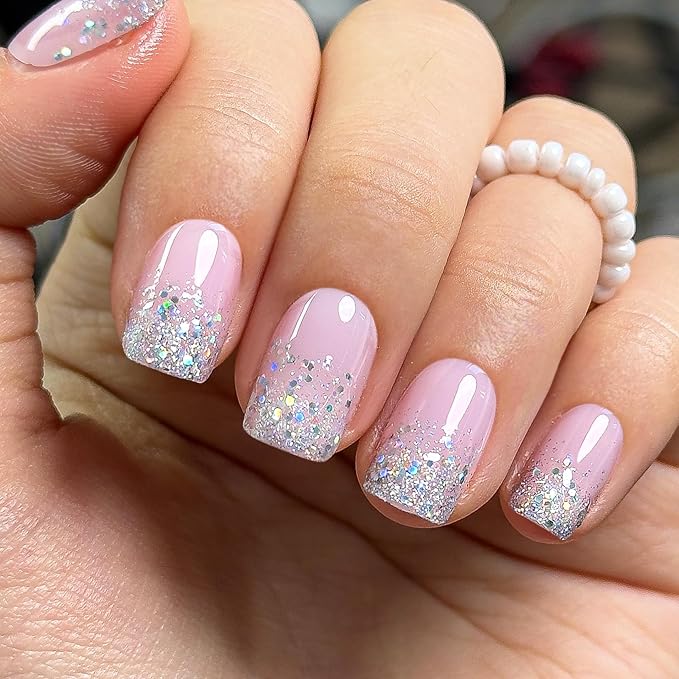 Curvlife 30pcs Short Press On Nails, Shining Stick on Fake Nails Design Glossy Acrylic Nails Tips Glue on Nails For Women False Nail Kit With Nail Glue | 32PCS, 16 Sizes, Salon-Quality Natural Fake Nails, Curved Fit, 7-14 Day Glue-On Wear, Reusable Sti...