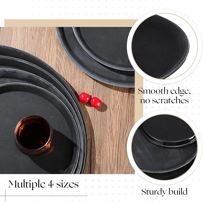 Zopeal 8 Pcs Bar Service Tray Round Plastic Non Slip,11", 14", 16", 18" | For Waiter Server in Restaurant Cafeteria Bar, Raised Edges Prevent Spills, Cocktail Food Server, Textured Surface Grip