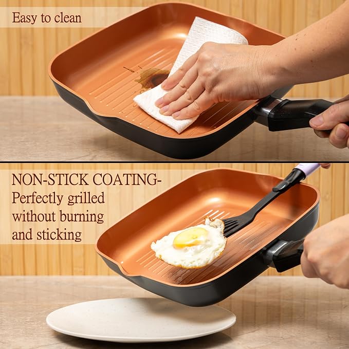 Moss & Stone 9.5" Grill Pan For Indoor Cooking, Induction Copper Pan | Aluminum Square Frying Pan Copper, Non-Stick Sauté Fry Pan for Meats & Vegetables, Griddle Nonstick Stove Top Grill Pan