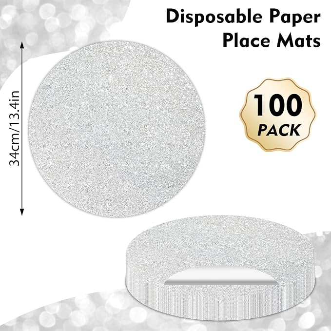 100PCS Silver Glitter Paper Placemats Disposable 13.4 Inch Shiny Round Paper Place Mats Decorative Silver Table Mats for Birthday Wedding Party Sparkle Kitchen Dining Tableware