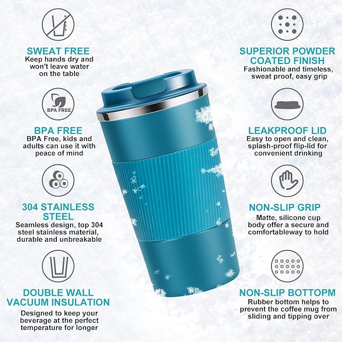 YINJOYI 17oz Travel Coffee Cups Insulated Mug Thermal Tumbler to Go with Lid Leak Proof Reusable Stainless Steel Coffee Mug Spill Proof for Hot and Iced Cold Drinks (Blue, 510ml)
