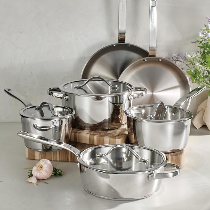 Tramontina Tempo Tri-Ply Base Stainless Steel 10-Piece Pots and Pans Set | Induction-Ready Cookware Set with Lids, Oven-Safe, Dishwasher-Safe
