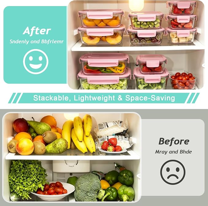 8 Pack Glass Food Storage Containers with Lids(Pink) | Meal Prep Containers with Snap Locking Lids, Airtight Lunch Containers for Microwave, Oven, Freezer and Dishwasher, BPA Free