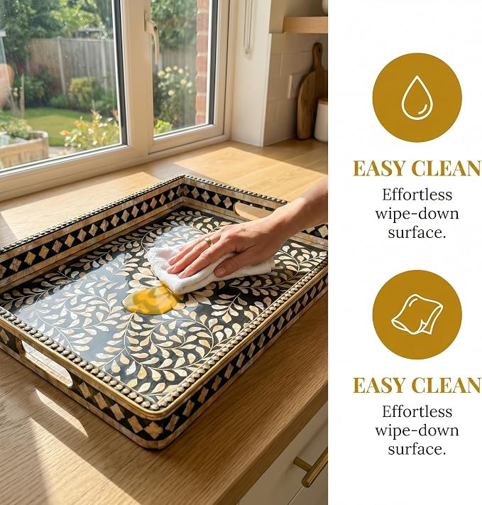 Boho Serving Tray with Handles, 15.7”x11.8” Rectangular Decorative Plastic Tray (Vintage Black & Gold) for Coffee Table, Ottoman, Living Room – Multipurpose Deco