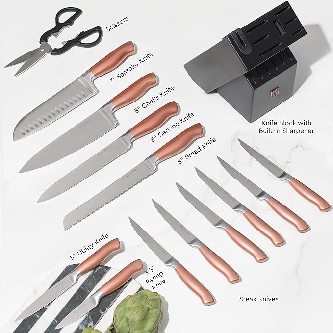 Styled Settings Copper Knife Set with Block & Built-In Sharpener, 14-Piece | Ultra-Sharp Full Tang Kitchen Knives with Block and Sharpener Built-In, Cooking & Prep Essentials, Copper Kitchen Accessories