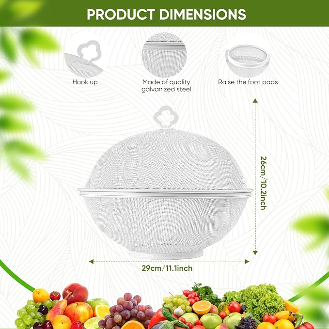 Fruit Fly Proof Fruit Storage Basket, Metal Mesh Fruit Bowl w Lid,White1PCS | Decorative Fruit Bowls Kitchen Counter Storage for Fruits & Veggies