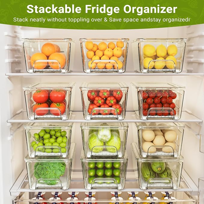 Imncya 3 Pack Fridge Organizer Bins, Refrigerator Organizers and Storage | Stackable Pull-Out, Refrigerator Drawers with Lids, Clear Design with Drain Tray, Fruits Vegetables Snack Storage Containers