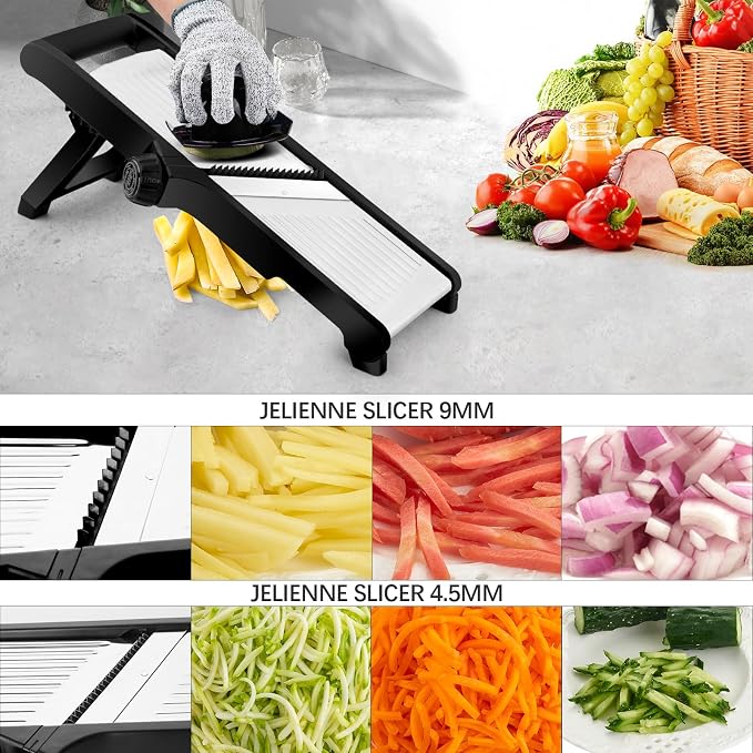 WELTONHM Mandoline Slicer, Adjustable Mandoline Slicer for Kitchen, Stainless Steel Mandolin Vegetable Chopper for Potato, Julienne Cutter with Cut-Resistant Gloves, Black | Stainless Steel Mandoline Slicer for Onion, Cucumber, Cabbage, Potato and Carr...