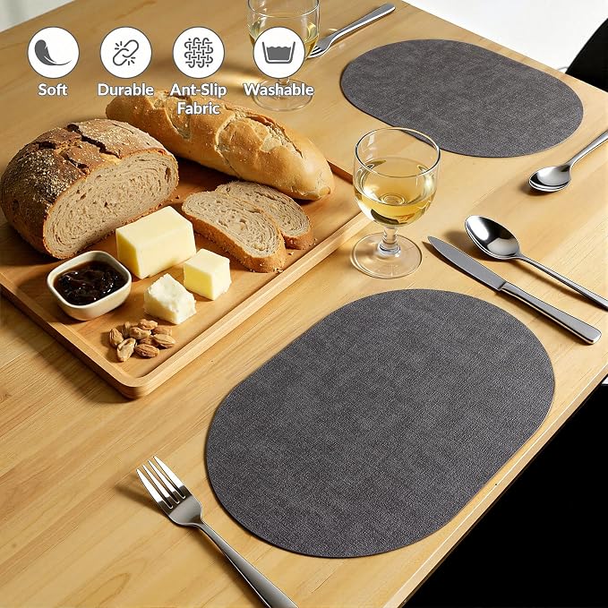 Placemats Set of 4, 11.8 x 17 Inch, Dark Grey | Heat Resistant Oval Faux Leather Place Mats, Waterproof Wipeable Reversible PU Placemat, Indoor & Outdoor