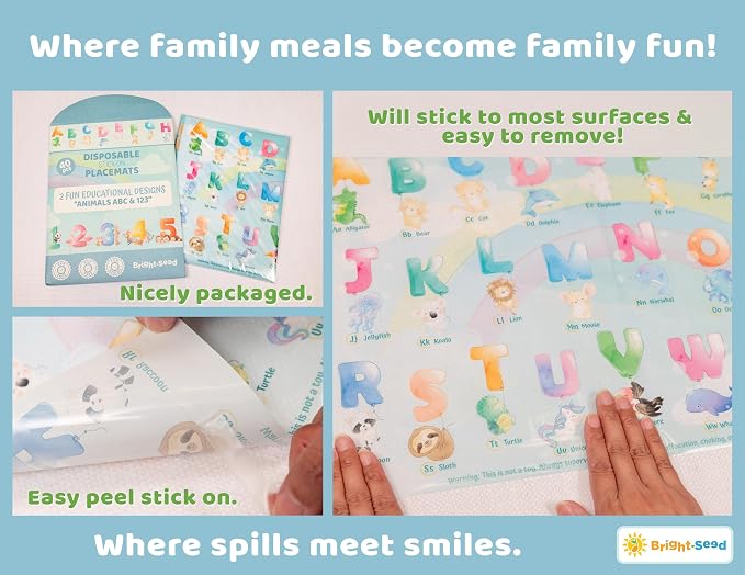 Bright Seed Disposable Placemats for Baby & Toddlers, Learning Mat- Animal2 | 40 Disposable Placemats, ABC, Numbers & Animal Learning, Perfect for Restaurants & Travel, Helps Keep Tables Clean