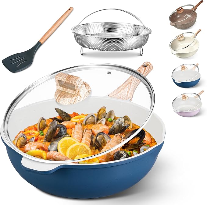 AOSION 12 Inch Nonstick Ceramic Deep Frying Pan with Lid & Steam Rack, 5.5QT Sauté Pan, Large Ceramic Skillet,Stay Cool Handle, Induction Compatible, PFOA & PFAS Free,blue.
