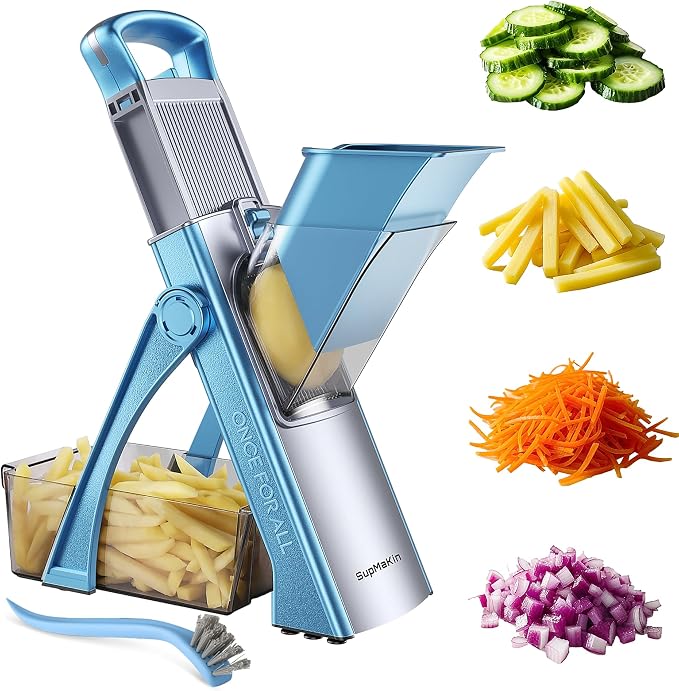 SupMaKin Upgrade Safe Mandoline Slicer Plus, Vegetable Chopper, Potato Slicer, Food Slicer Onion Chopper, Fry Cutter, Veggie Salad Dicer Kitchen Chopping Artifact Gifts (Blue) | 0.1-8mm, Cut Resistant Stainless Steel Blades,Potato Fry Cutter, Onion Cho...
