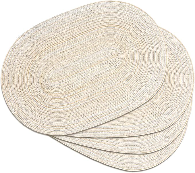 Placemats Set of 4, Woven Oval Braided Dining Table Mats(Beige) | 12 x 17.5 Inch Size Fits Plates and Flatware; Hand Washable and Heat Resistant for Kitchen Use, with Farmhouse and Boho Style