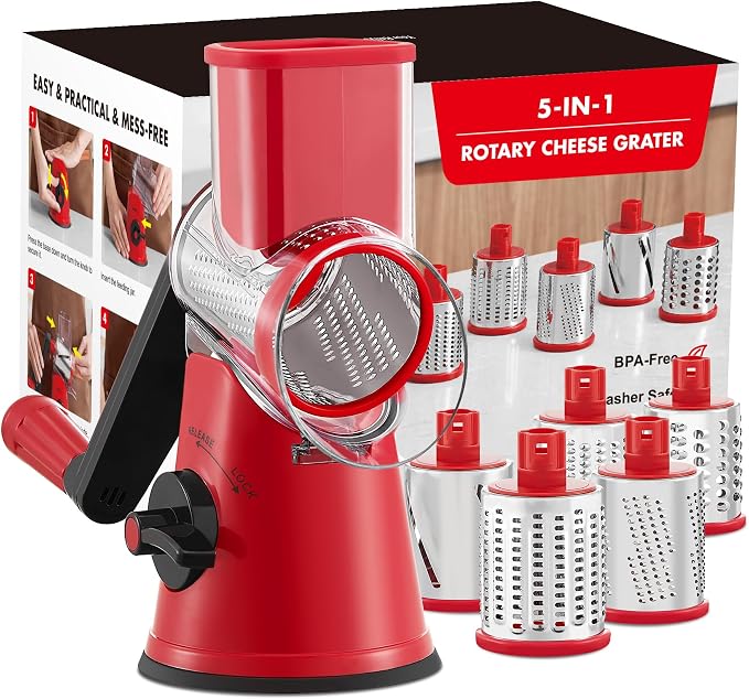 GDL Cheese Grater Hand Crank, Rotary Cheese shredder, Vegetable Slicer | 5 Stainless Steel Blades, 12x Fast Cutting, Non-slip Suction Base, No BPA, Dishwasher Safe, Easy Use for Cheese, Veggies, Nut