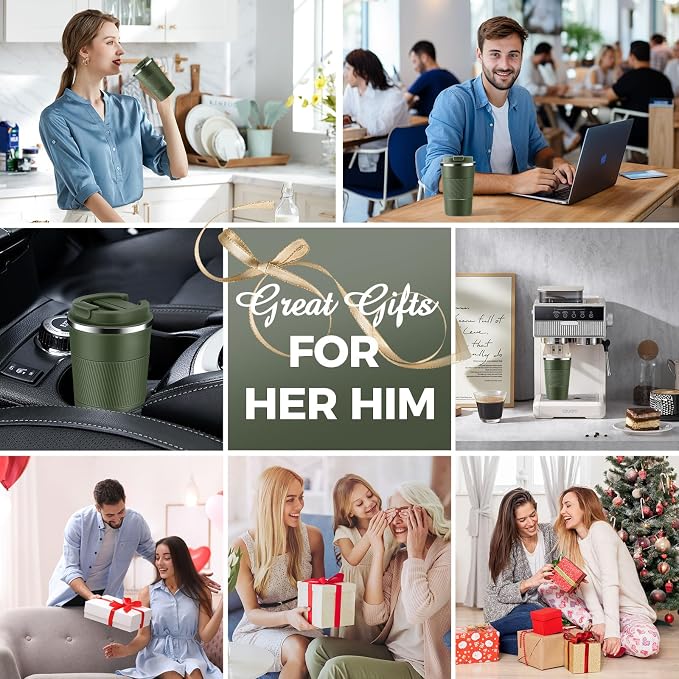 Volhoply 13 oz Stainless Steel Insulated Travel Coffee Mug with Fip Lid,Reusable Double Wall Vacuum Metal Coffee Cup,Portable to Go Leak Proof Cafe Thermal Tumbler for Hot & Cold Drinks(Army Green,1)