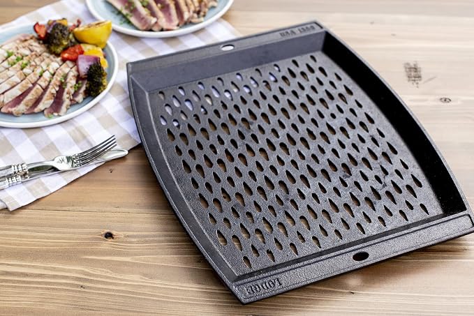 Lodge Pre-Seasoned Cast Iron Rectangle Grill Topper - Use on the Grill - Grilling Pan Designed to Protect Food from Falling Through the Grate - Cast Iron 15 Inch