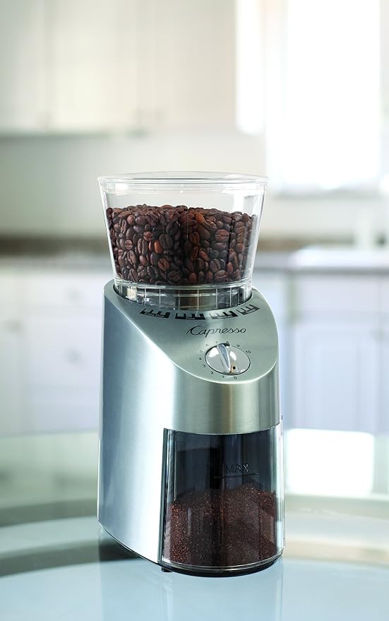 Capresso Infinity Conical Burr Grinder, See-through bean container holds up to 8.8 oz of beans | See-through hopper holds up to 8.8 oz, precision settings from fine to coarse