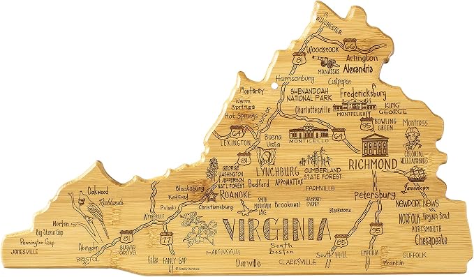 Totally Bamboo Destination Virginia State Shaped Cutting Board | State charcuterie serving board with engraved map artwork. Smooth reverse side for food prep. Hang tie for wall display.