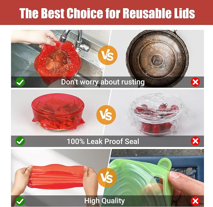Silicone Stretch Lids for Food Storage in Fridge, Reusable Elastic Bowl Covers for Cup, Cans, Jars, Round & Rectangle Container, Food Grade Silicone Microwave Food Cover, Red, 6PCS