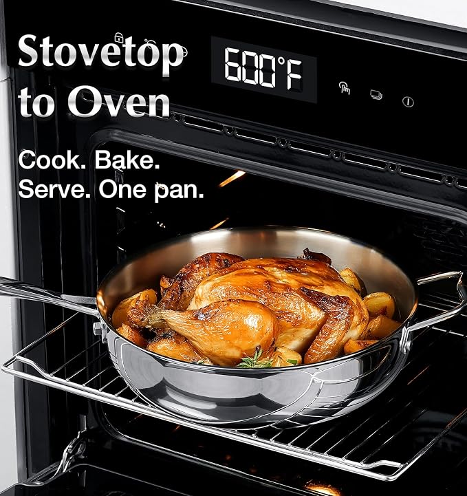 KOCH SYSTEME CS Triply Stainless Steel Saute Pan 12 Inch, 6 Quart Deep Frying Pan with Lid, 18/10 Stainless Steel Pan with Stay Cool Handle, 6QT Large Skillet, Induction Cooking Pan, Oven Safe 600°F