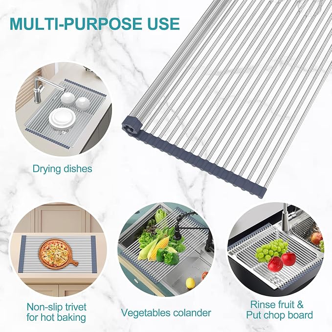 BBXTYLY Extra Large Expandable Roll Up Dish Drying Rack,Over The Sink Drying Rack Sink Cover Kitchen Sink Accessories Kitchen Rolling up Stainless Steel Drainer, Foldable,Rollable（Gray，22.8''-12.4''）