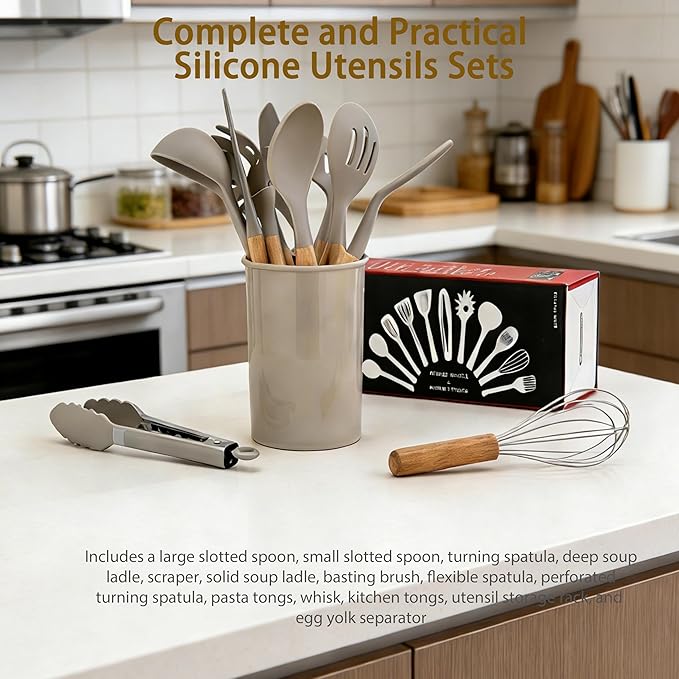 Silicone Utensils Set for Cooking - 12 Piece Set&BPA Free（Khaki） | Heat resistance: 446°F、dishwasher safe、non-toxic / BPA free、for nonstick cookware & baking