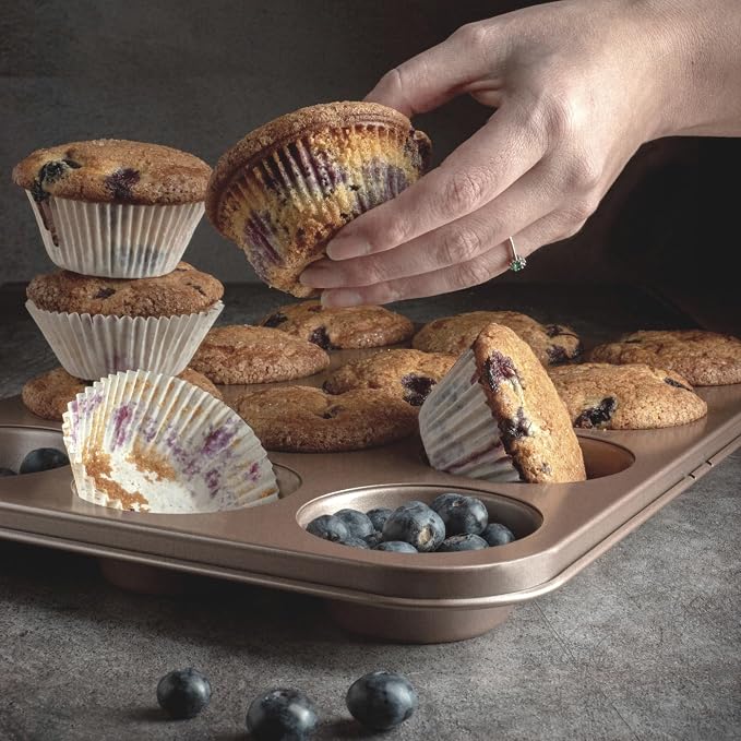 12 Cup Muffin Pan Nonstick, PFOA & BPA Free | | Non-Toxic - High Carbon Steel - Gold - Cupcake Tin for Oven Baking